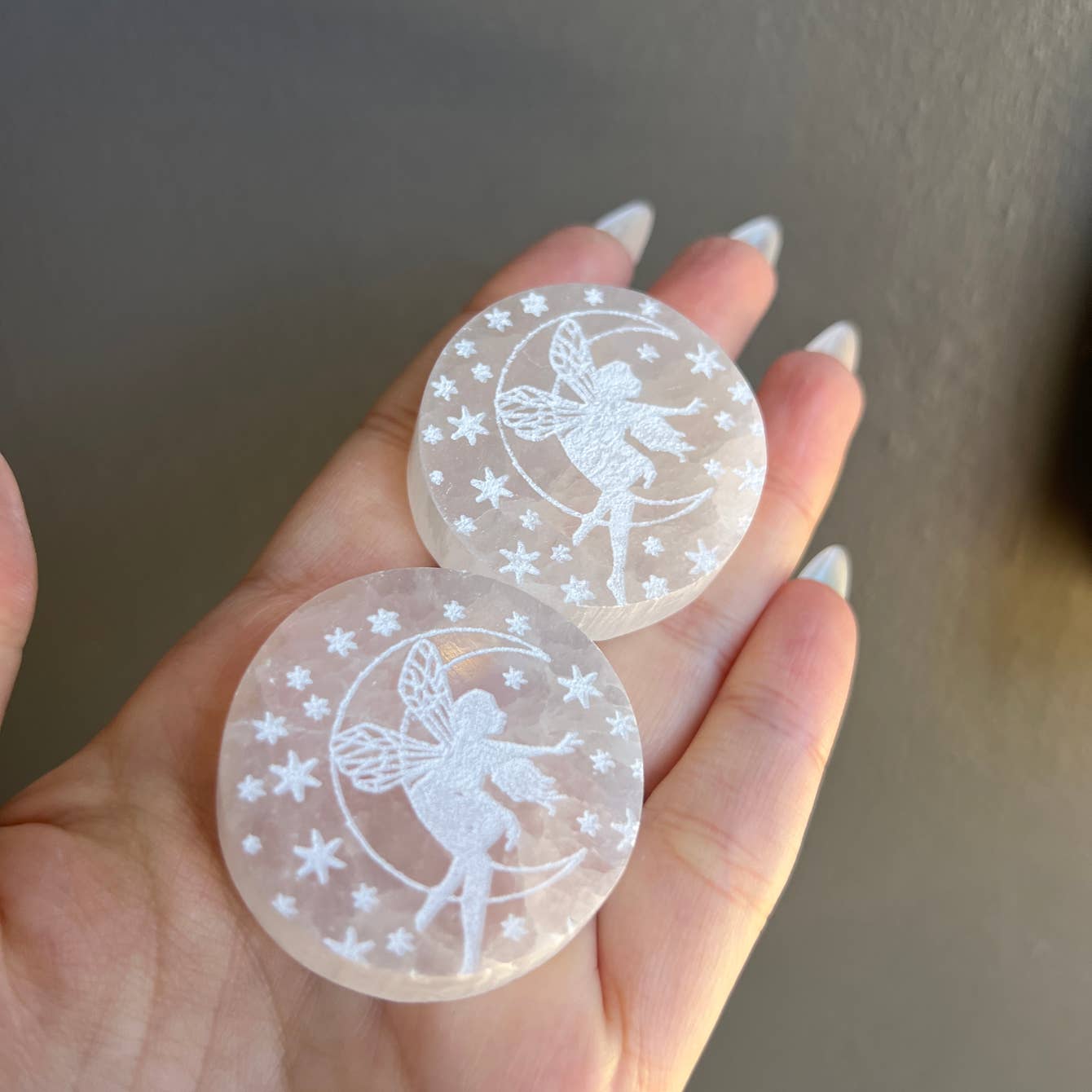 Selenite Etched Fairy Crystal Circle Carving